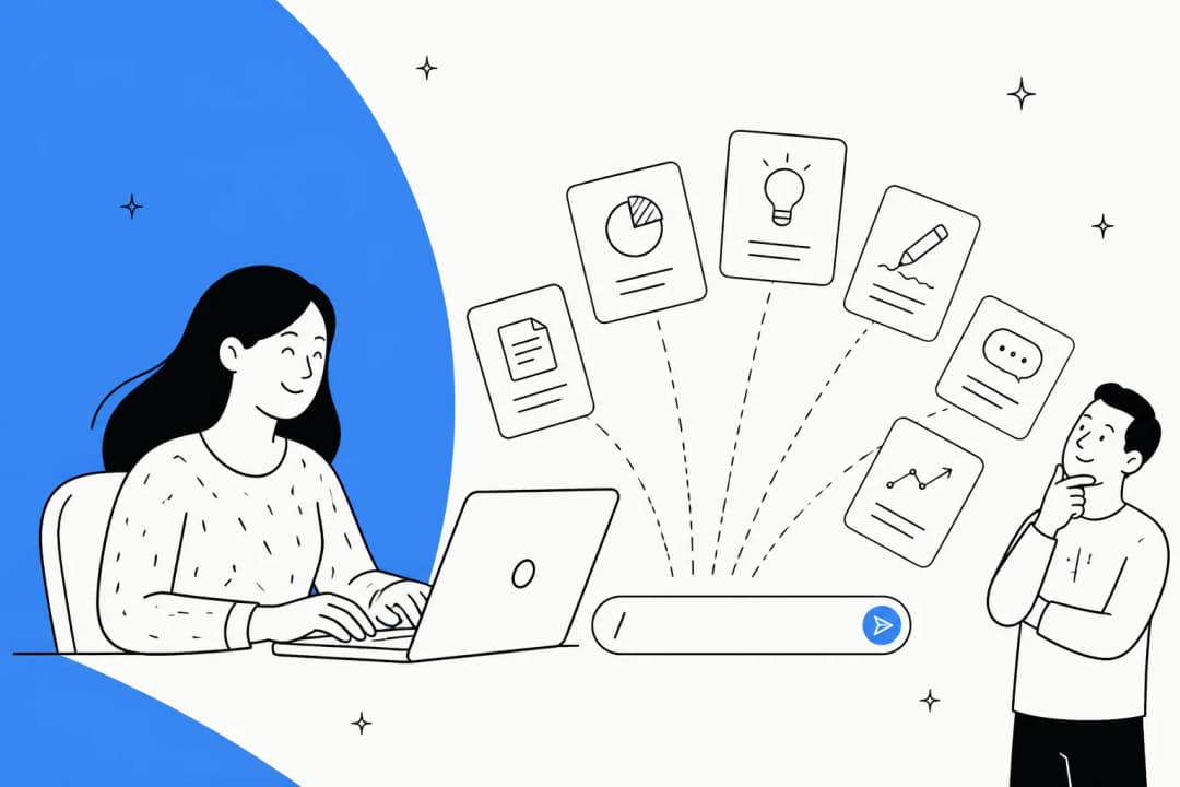 Hand-drawn illustration of a woman typing a slash into a chat box on her laptop while a fan of small skill cards pops out above it and a colleague looks on