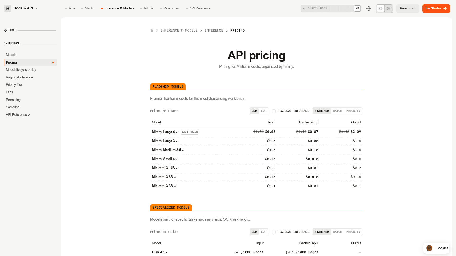 Mistral API pricing page with Mistral Large 4 sale price shown next to the struck-through list price, as taken from Mistral docs