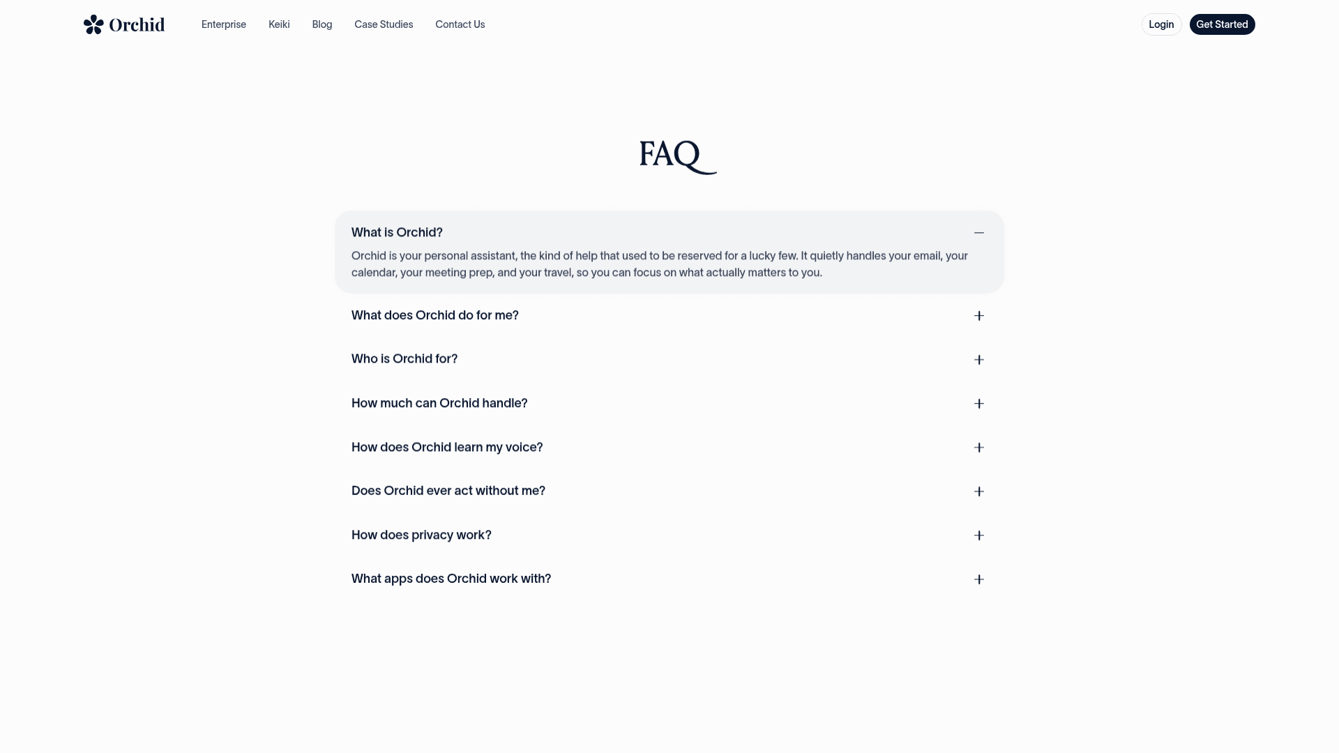 Orchid's FAQ page listing questions like What does Orchid do for me, Does Orchid ever act without me, How does privacy work and What apps does Orchid work with, as captured from orchid.ai/faq