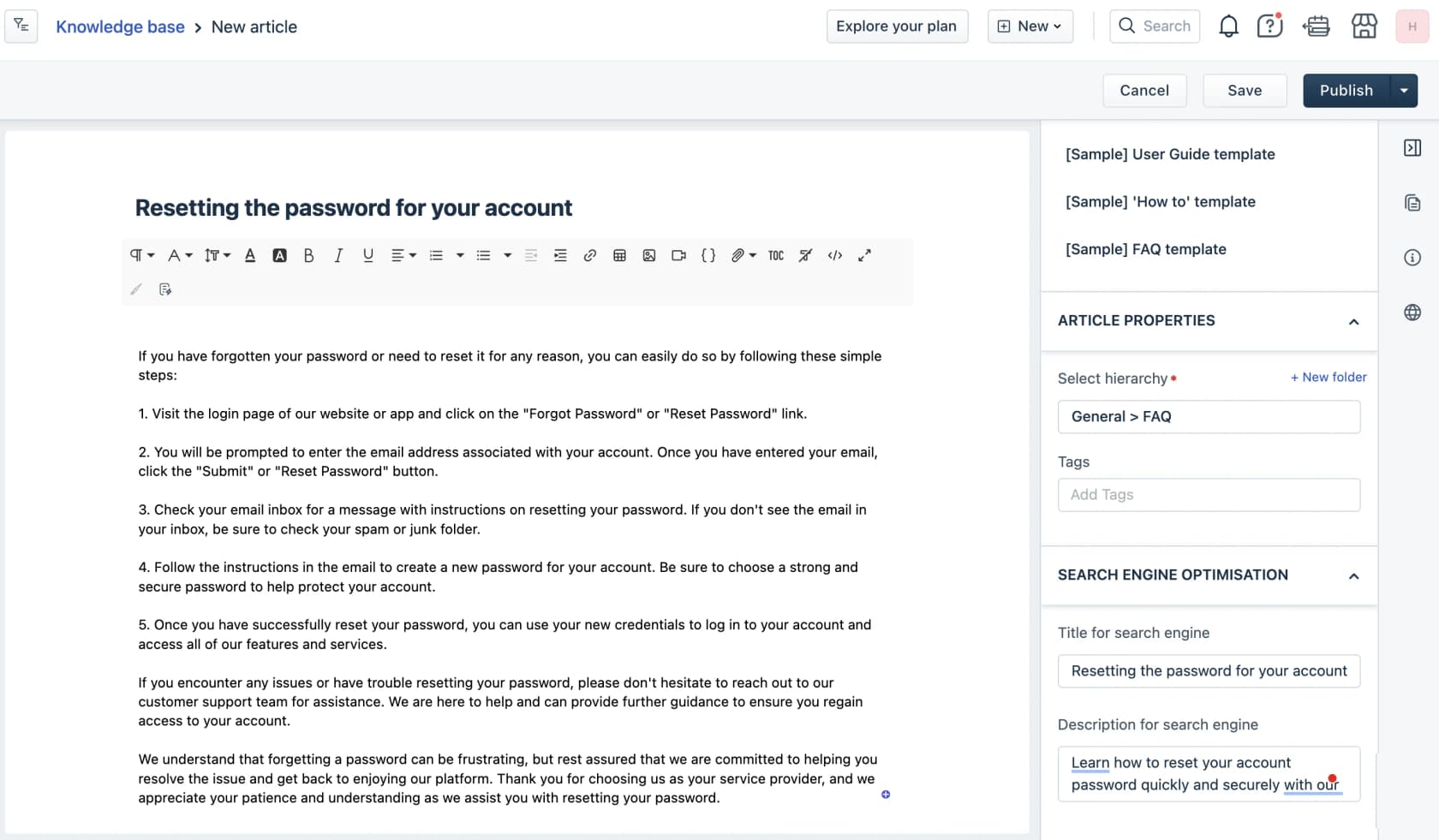 Freshdesk knowledge base article editor showing a password reset article alongside article properties and search engine optimisation fields, as taken from Freshdesk support