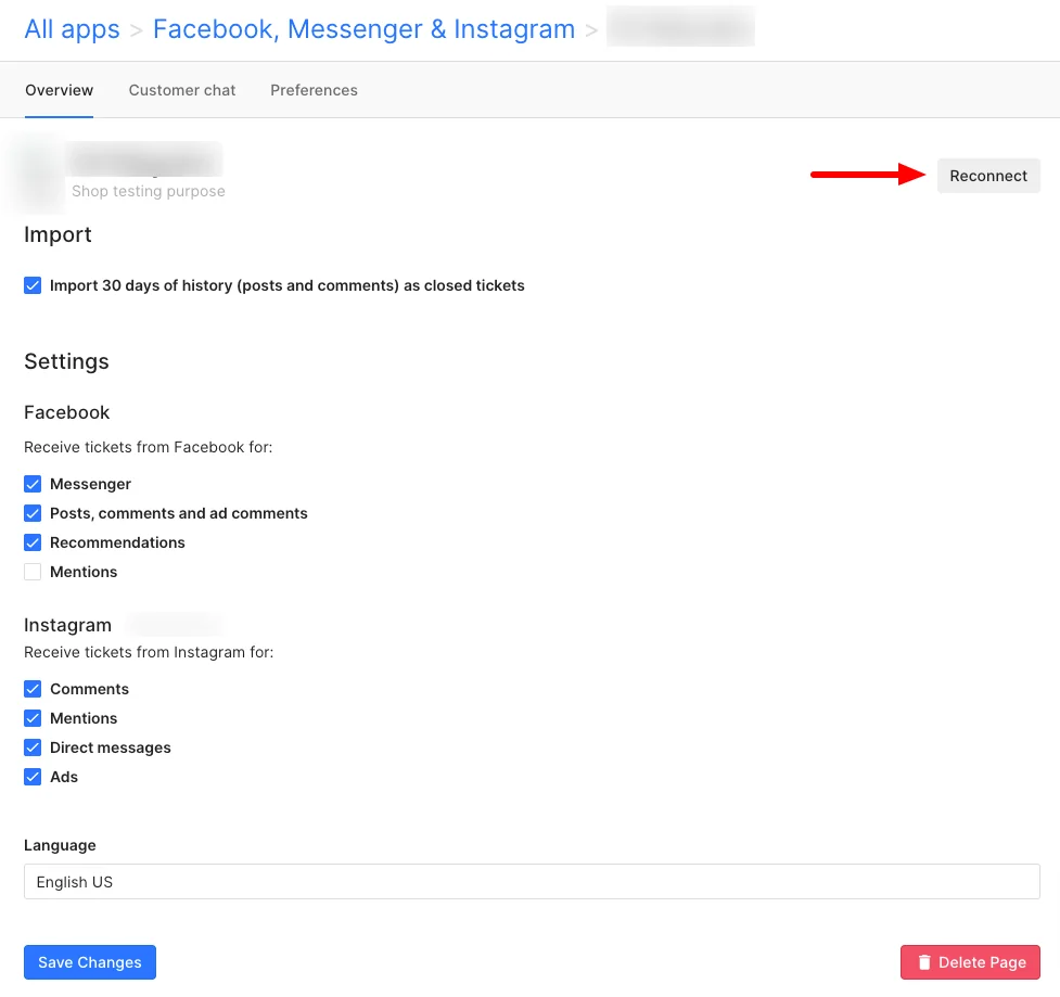 Gorgias Facebook, Messenger and Instagram app settings with checkboxes for Messenger, posts and ad comments, Instagram comments, mentions, DMs and ads, as shown in Gorgias's help center