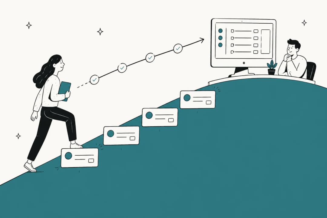 Hand-drawn illustration of a new support agent walking up a teal ramp of ticket cards toward a helpdesk screen, with a checked progress line above