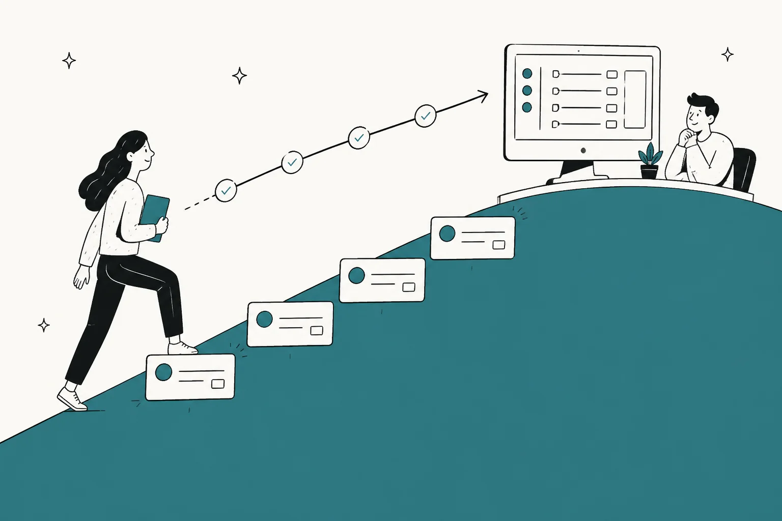 Hand-drawn illustration of a new support agent walking up a teal ramp of ticket cards toward a helpdesk screen, with a checked progress line above