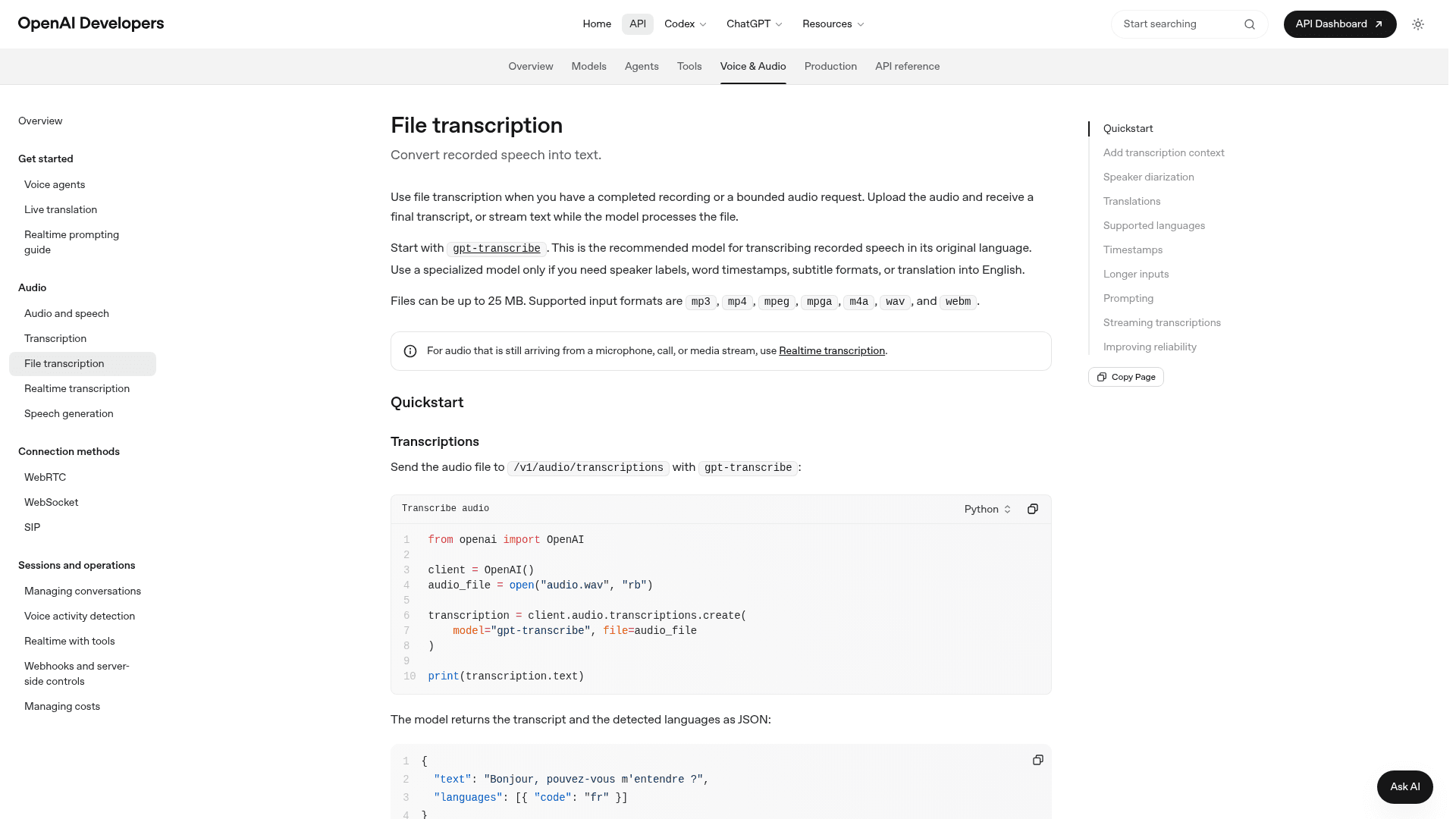 OpenAI's file transcription guide showing the gpt-transcribe model, as taken from OpenAI