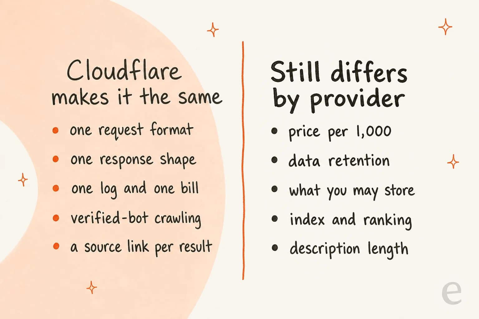 Hand-drawn two-column comparison: Cloudflare makes it the same lists one request format, one response shape, one log and one bill, verified-bot crawling, and a source link per result; still differs by provider lists price per 1,000, data retention, what you may store, index and ranking, and description length