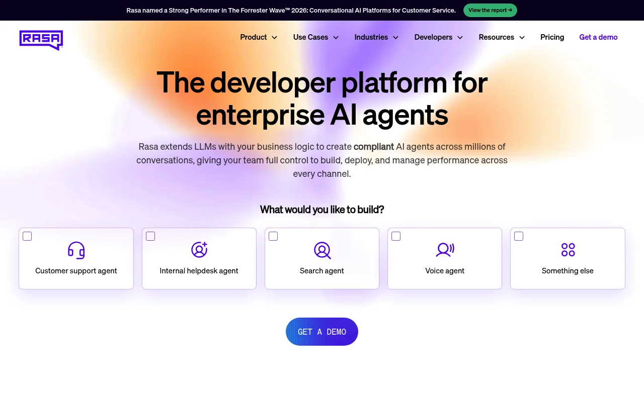 A screenshot of the Rasa landing page, positioning it as an industry-standard open-source Chatbase alternative for conversational AI developers.