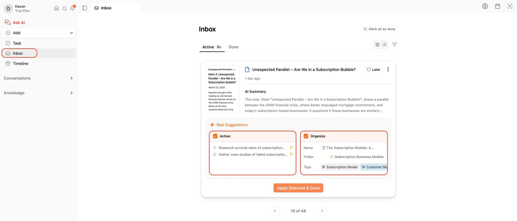 Saner.AI's Inbox showing Skai Suggestions with Action and Organize checkboxes above an Apply Selected and Done button, as taken from Saner.AI