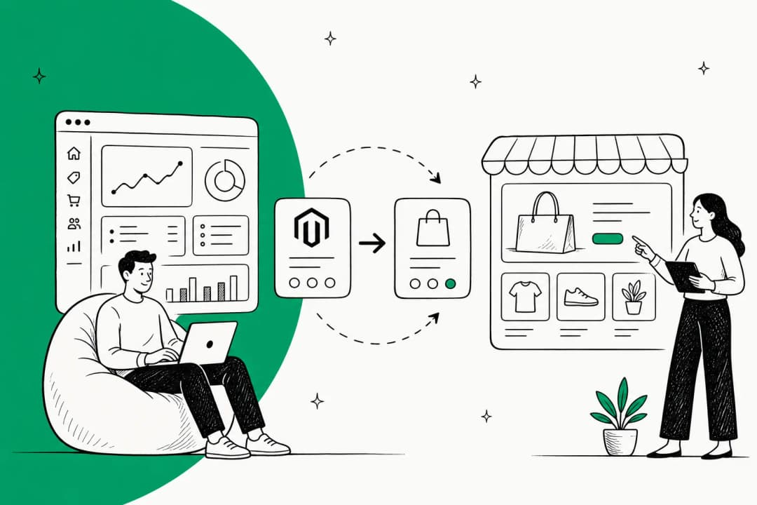 Illustration of a merchant migrating from a Magento dashboard to a simpler hosted storefront