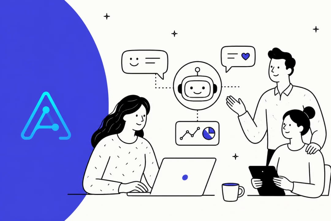 Illustration of an AI customer support agent connecting chats, analytics, and a support team