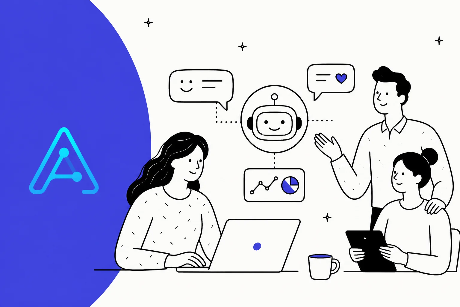 Illustration of an AI customer support agent connecting chats, analytics, and a support team