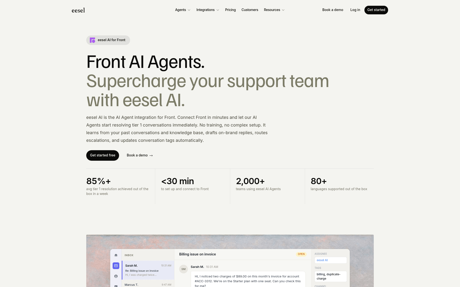 eesel for Front integration page showing the AI agent assigned to a conversation inside a Front shared inbox
