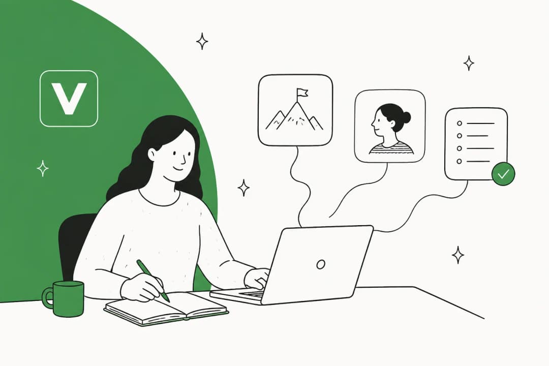 Illustration of a person working alongside an always-on personal AI assistant, in Vellum's green brand colour
