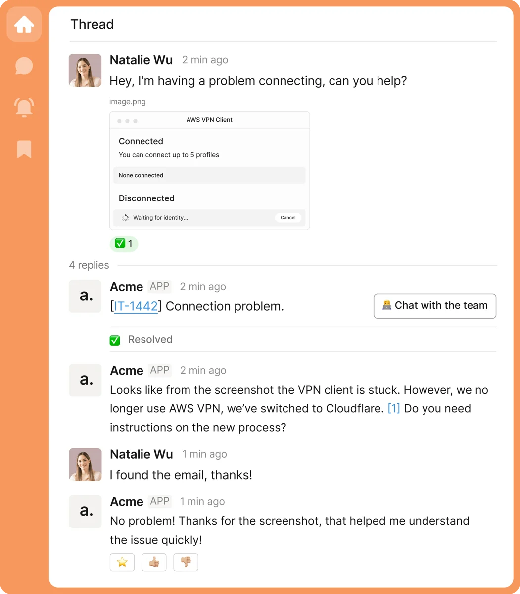 Risotto reading a pasted screenshot and troubleshooting a VPN connection issue inside a Slack thread, from Risotto's product demos