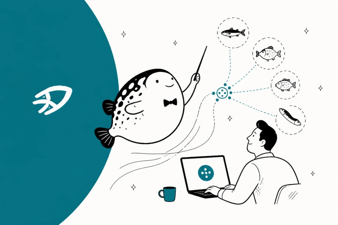 Illustration of a pufferfish conductor routing a request across a school of models