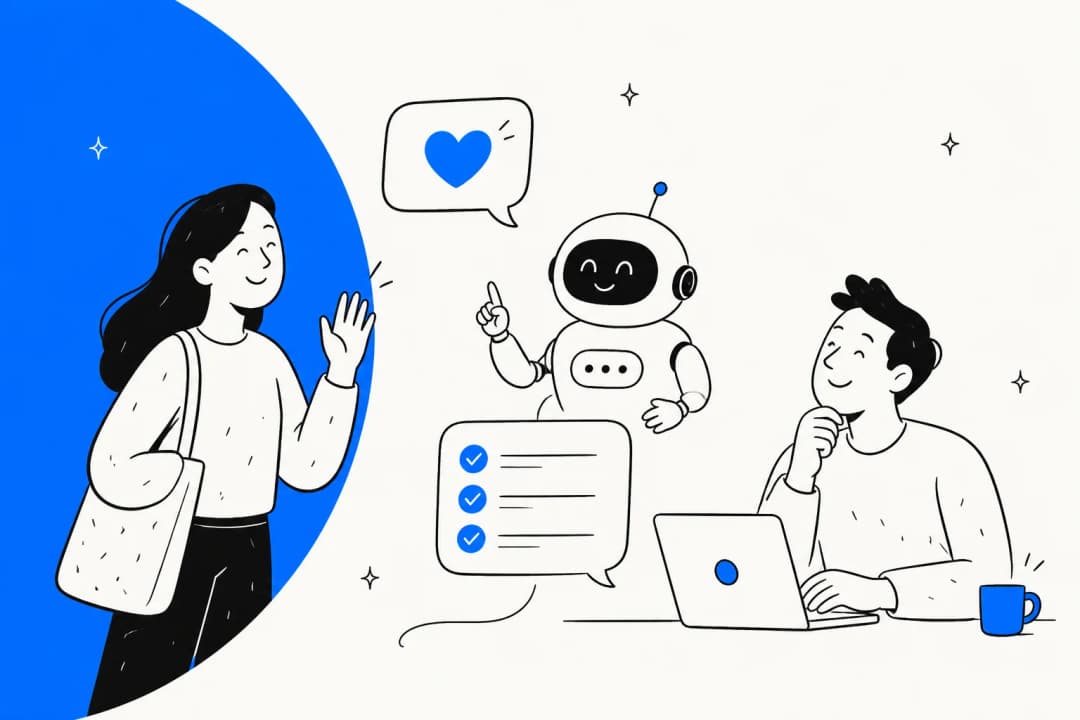 Hand-drawn illustration of a new customer waving at a friendly bot holding a checklist, while a team member watches from a laptop