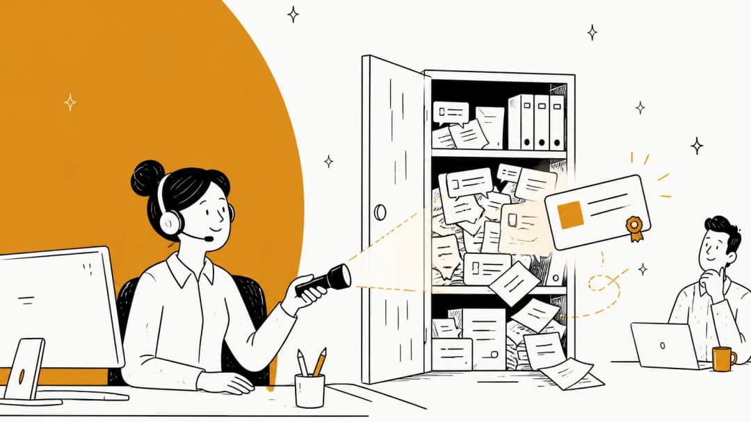 Hand-drawn illustration of a support agent with a headset shining a flashlight into a cabinet stuffed with wiki pages, chat threads and old tickets, while one highlighted answer card with a source badge floats out toward a colleague