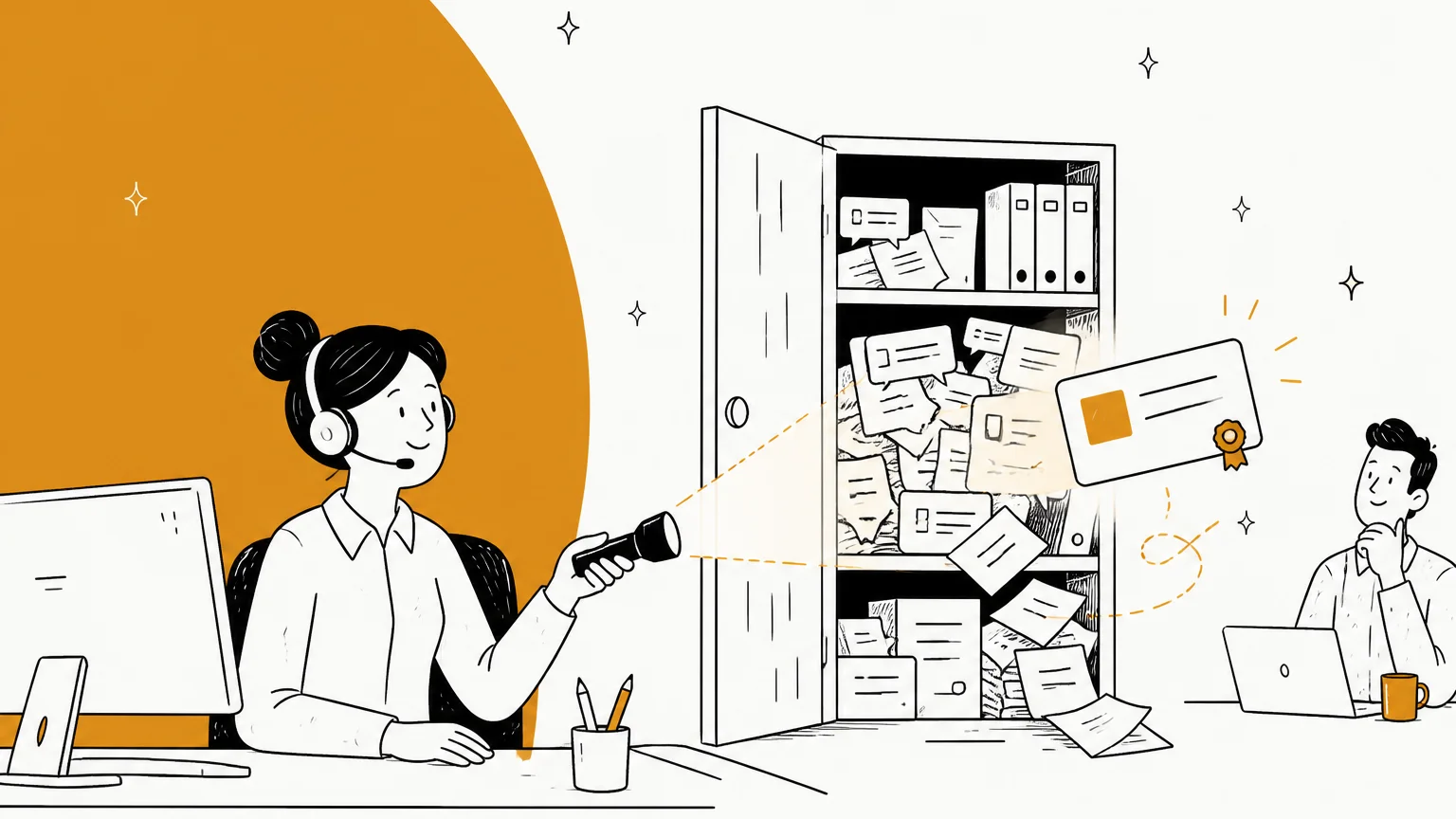 Hand-drawn illustration of a support agent with a headset shining a flashlight into a cabinet stuffed with wiki pages, chat threads and old tickets, while one highlighted answer card with a source badge floats out toward a colleague