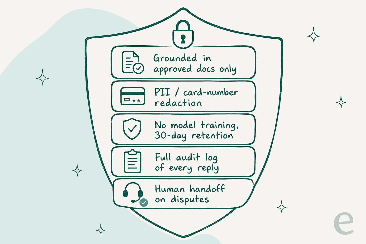Guardrail stack a fintech support bot needs: grounded in approved docs, PII redaction, no model training with short retention, full audit log, and human handoff on disputes