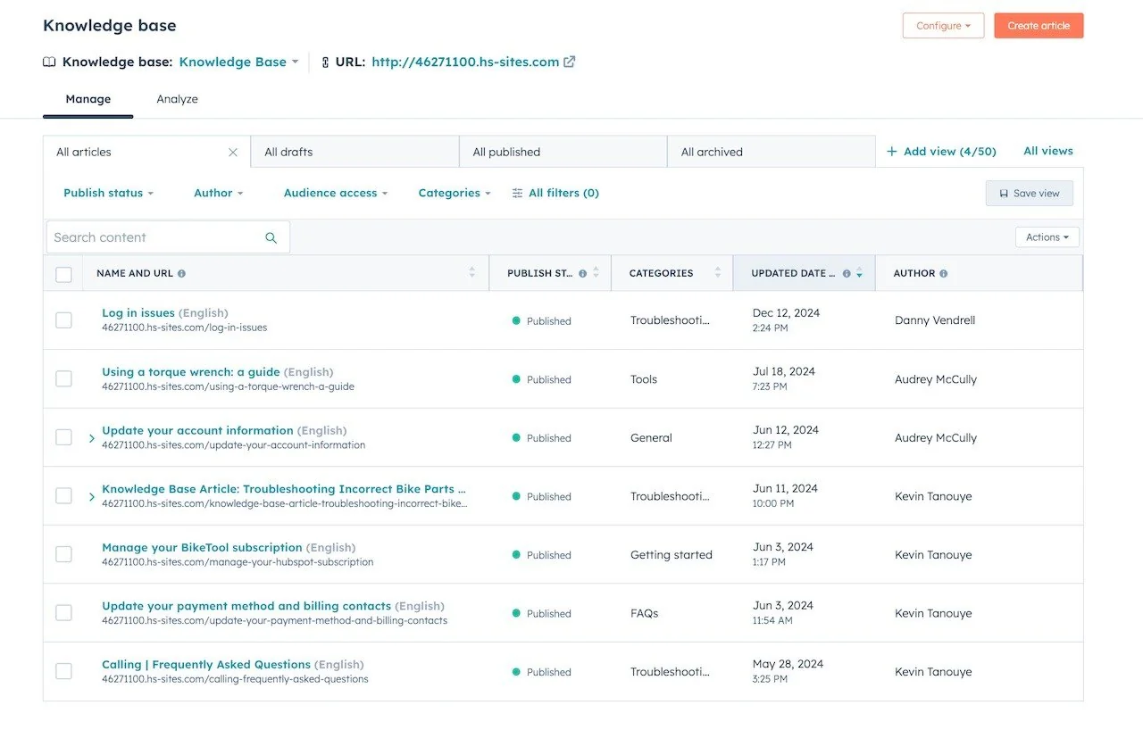 HubSpot knowledge base article manager showing publish status, categories, and authors, as taken from HubSpot