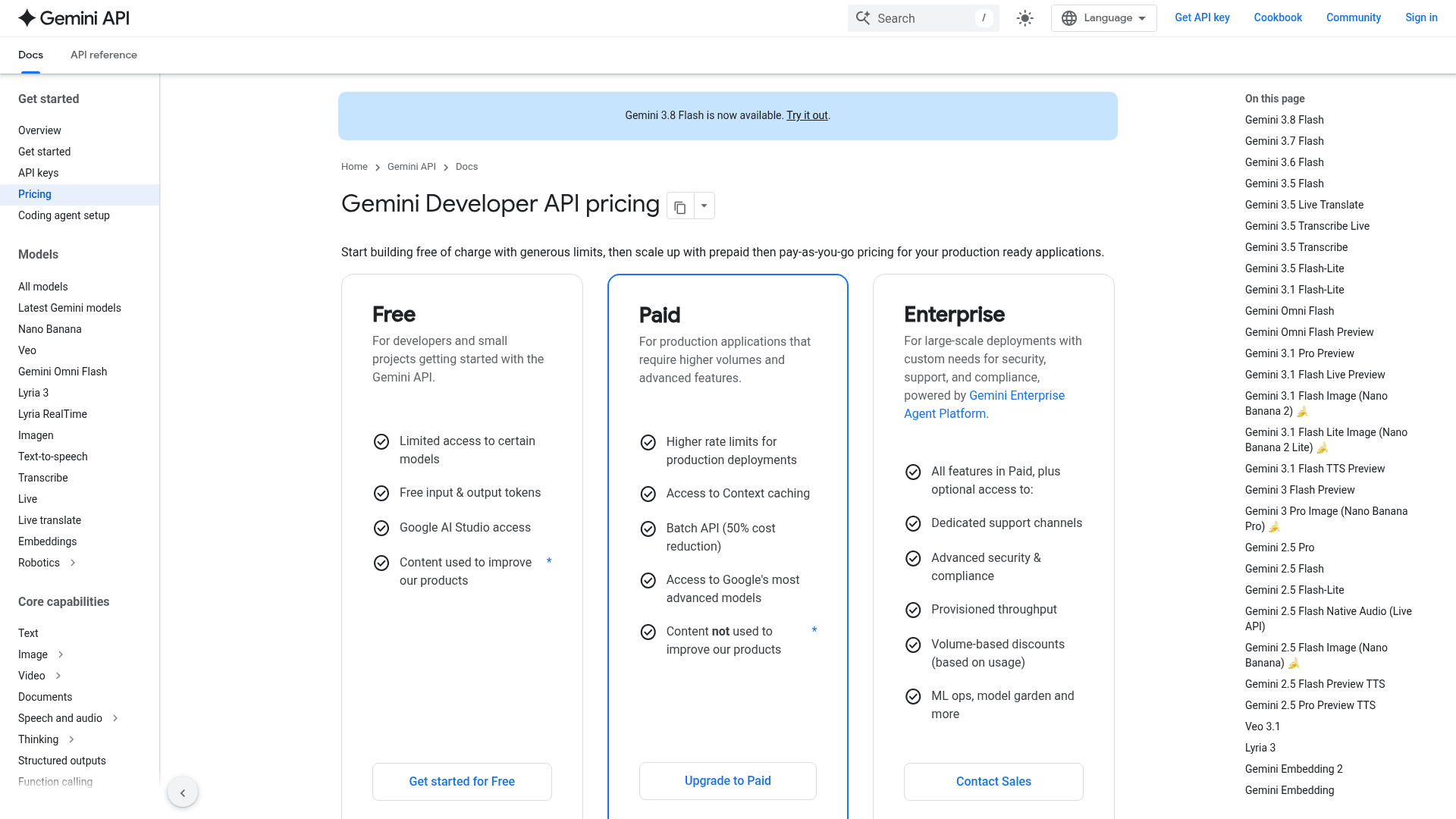 The Gemini Developer API pricing page listing every current Gemini model, as taken from Google