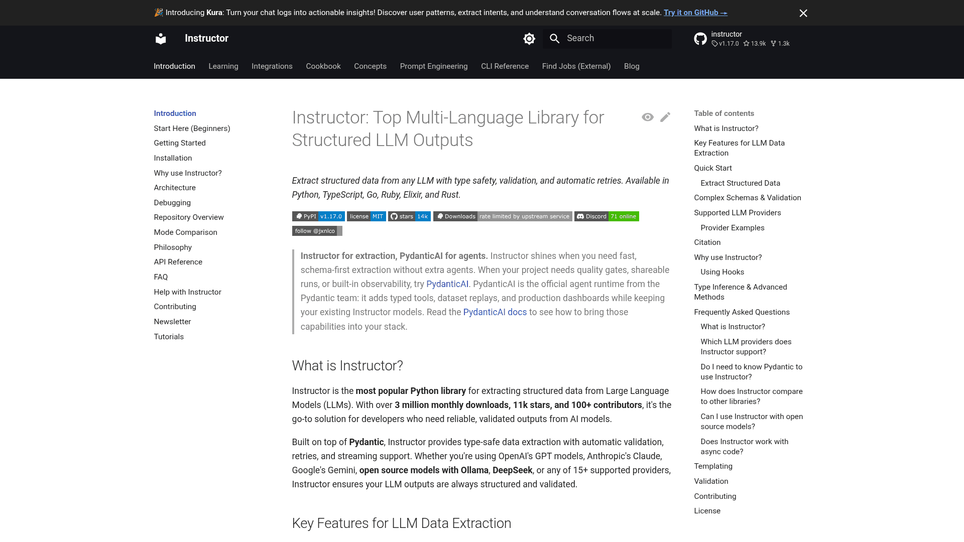 Instructor documentation describing the top multi-language library for structured LLM outputs, built on Pydantic