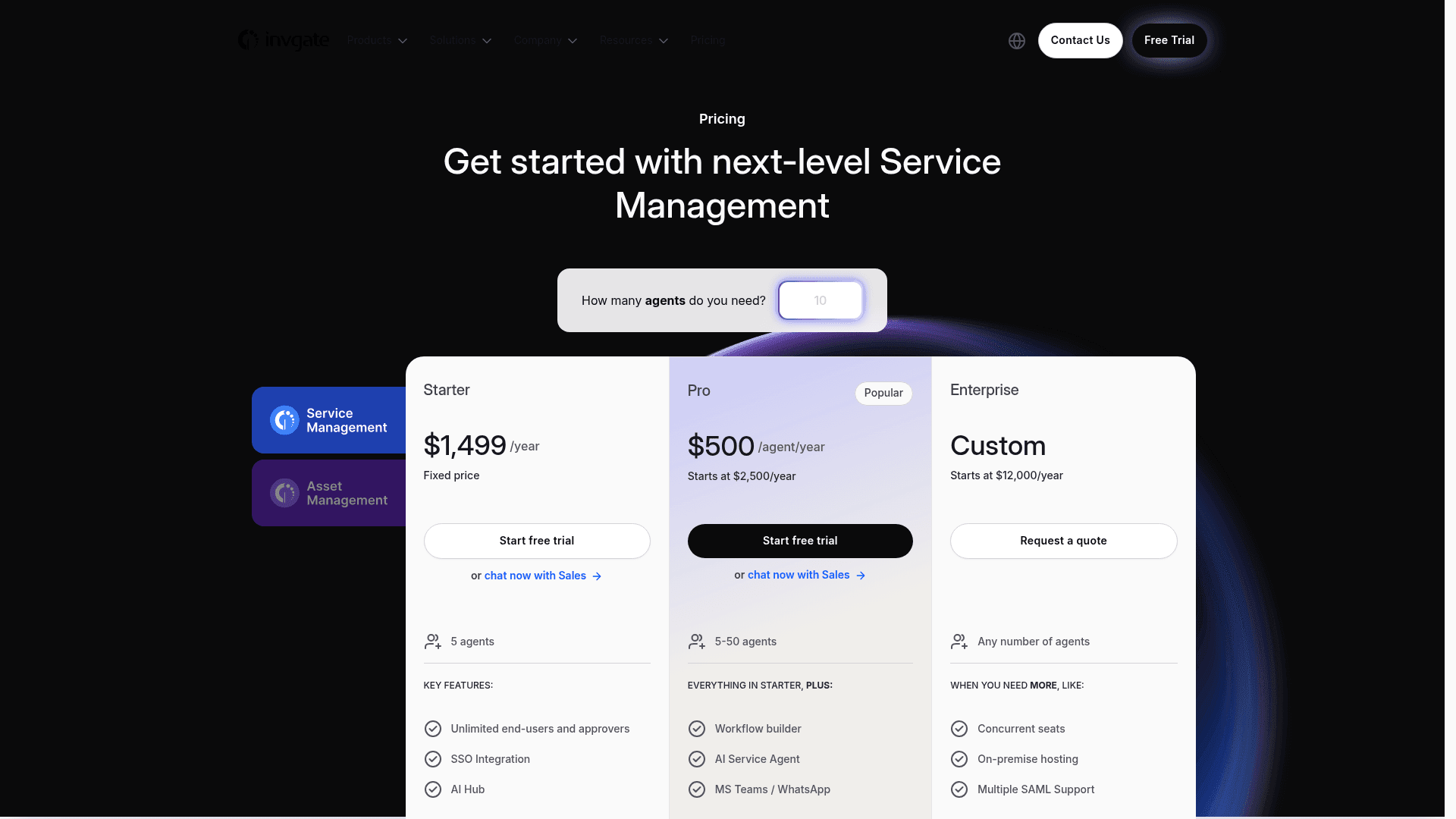 InvGate's pricing page showing the Starter, Pro, and Enterprise tiers with a live agent-count calculator, as taken from InvGate