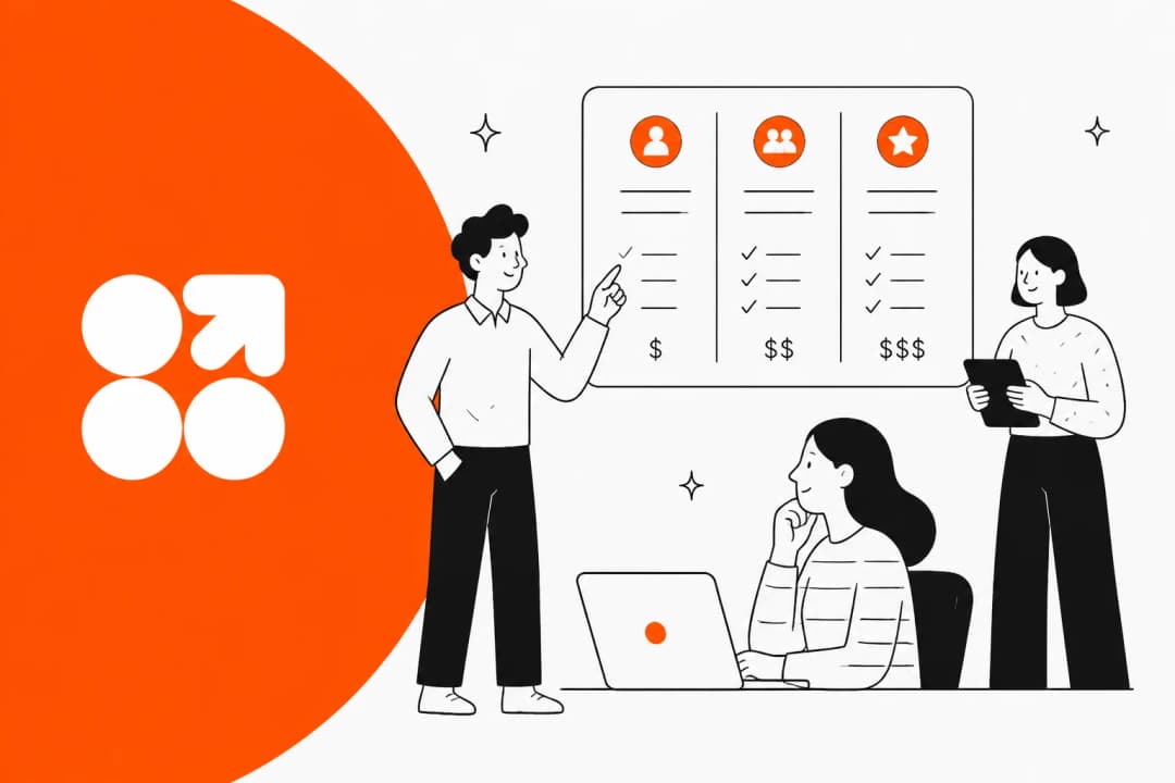 Illustration of a team reviewing a three-column pricing board, in Pazi orange
