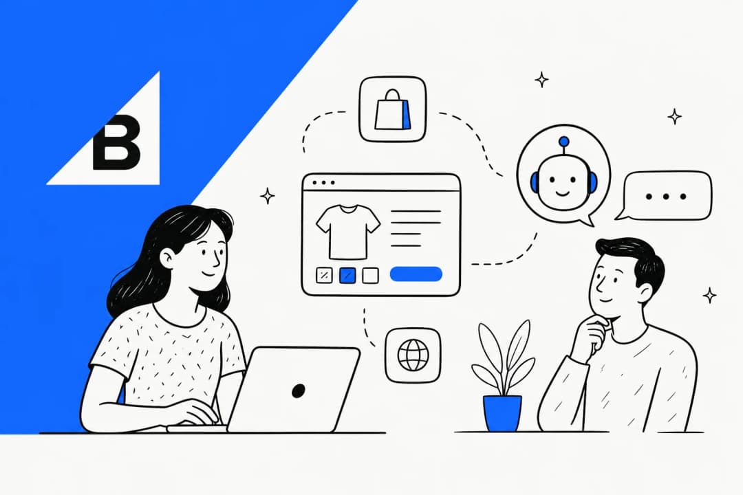 Illustration of a BigCommerce storefront connected to an AI support agent
