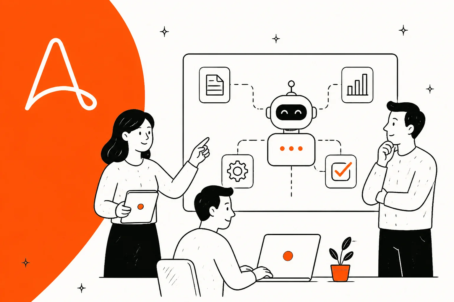 Illustration of a team reviewing an automation platform on a whiteboard, in orange and warm off-white