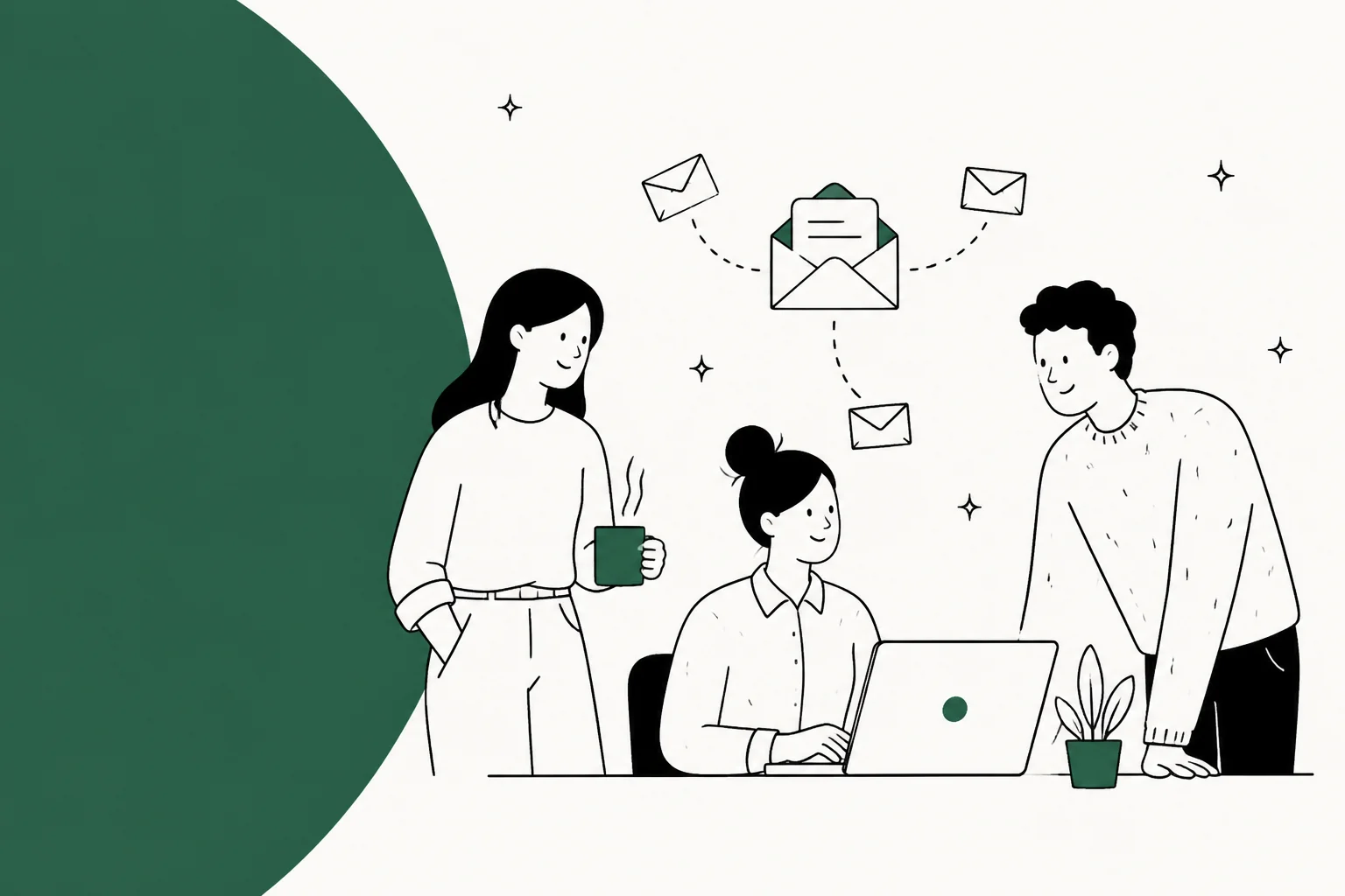 Illustration of a support team working through a shared email inbox together