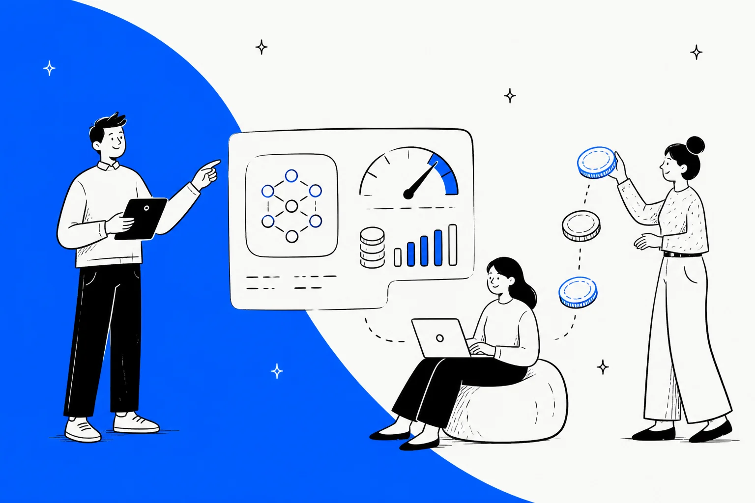 Hand-drawn cost meters and coins on a blue field, illustrating Meta Muse Spark 1.3 pricing