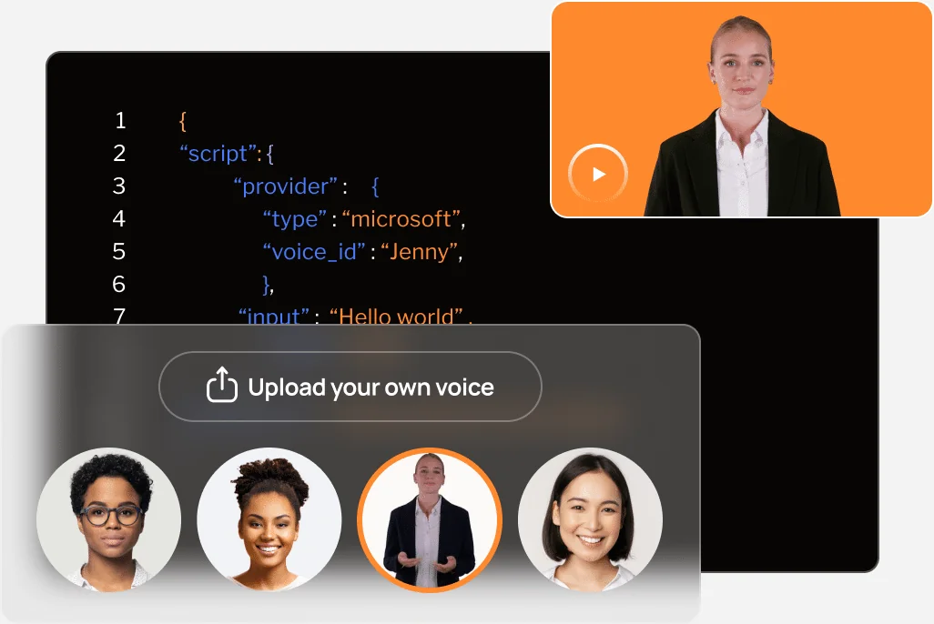 D-ID's build surface showing an avatar, a code snippet for the script and provider, and a voice picker, as taken from D-ID