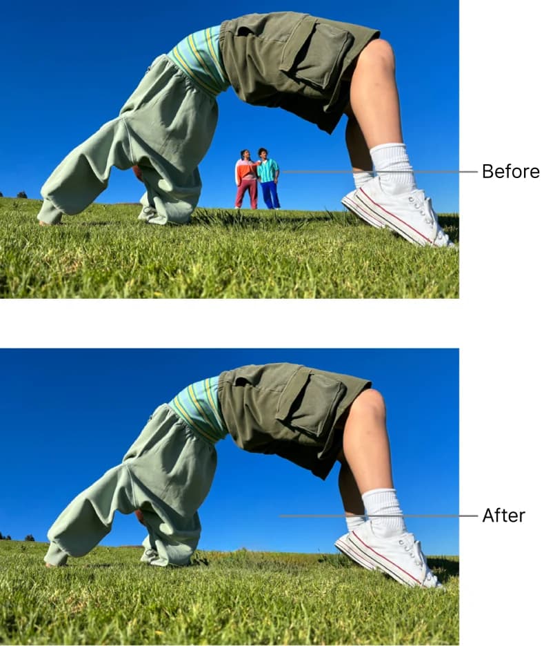 Apple's Clean Up before and after: two people standing in the background of a photo framed under someone's legs, then the same photo with the background pair removed and the grass rebuilt, as taken from Apple