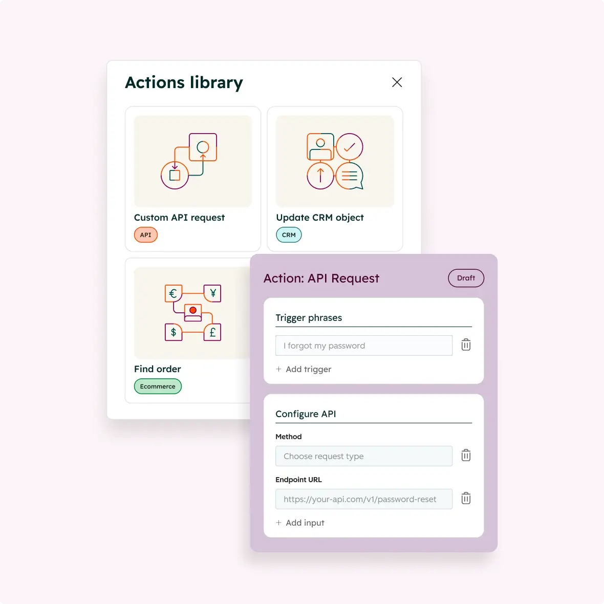 HubSpot's customer agent actions library with custom API request, update CRM object and find order actions, and an API request editor with trigger phrases and an endpoint URL, as taken from HubSpot