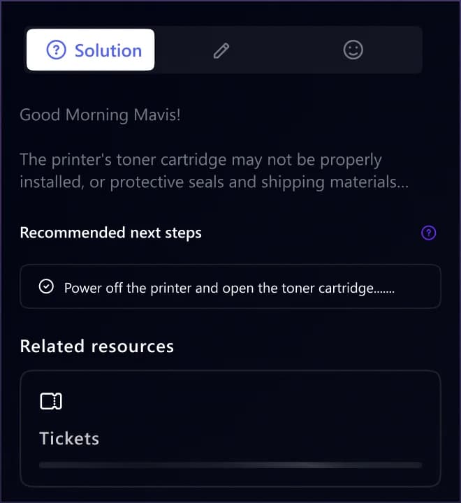 DeskDay's Helena panel showing a suggested solution and recommended next steps, as taken from DeskDay