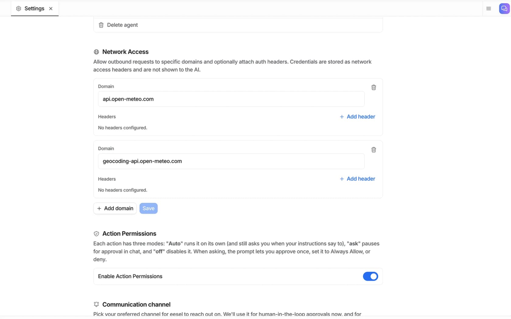 The eesel Network Access settings panel, showing allowlisted domains and the note that credentials are stored as headers and never shown to the AI, as taken from the eesel docs