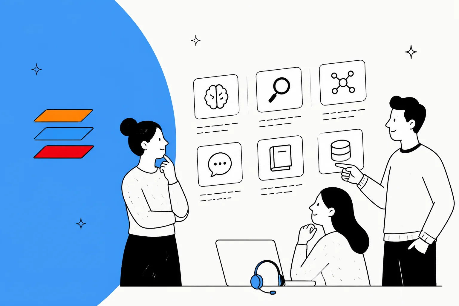 A support team weighing up knowledge and AI tools against the Shelf logomark