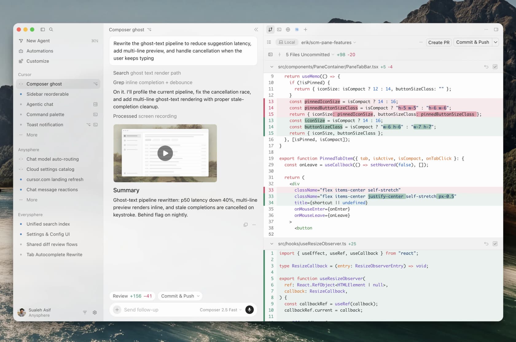 Cursor's agent window with a list of running agents, the conversation thread, and a review pane showing uncommitted changes with commit and pull-request buttons, as taken from Cursor's docs