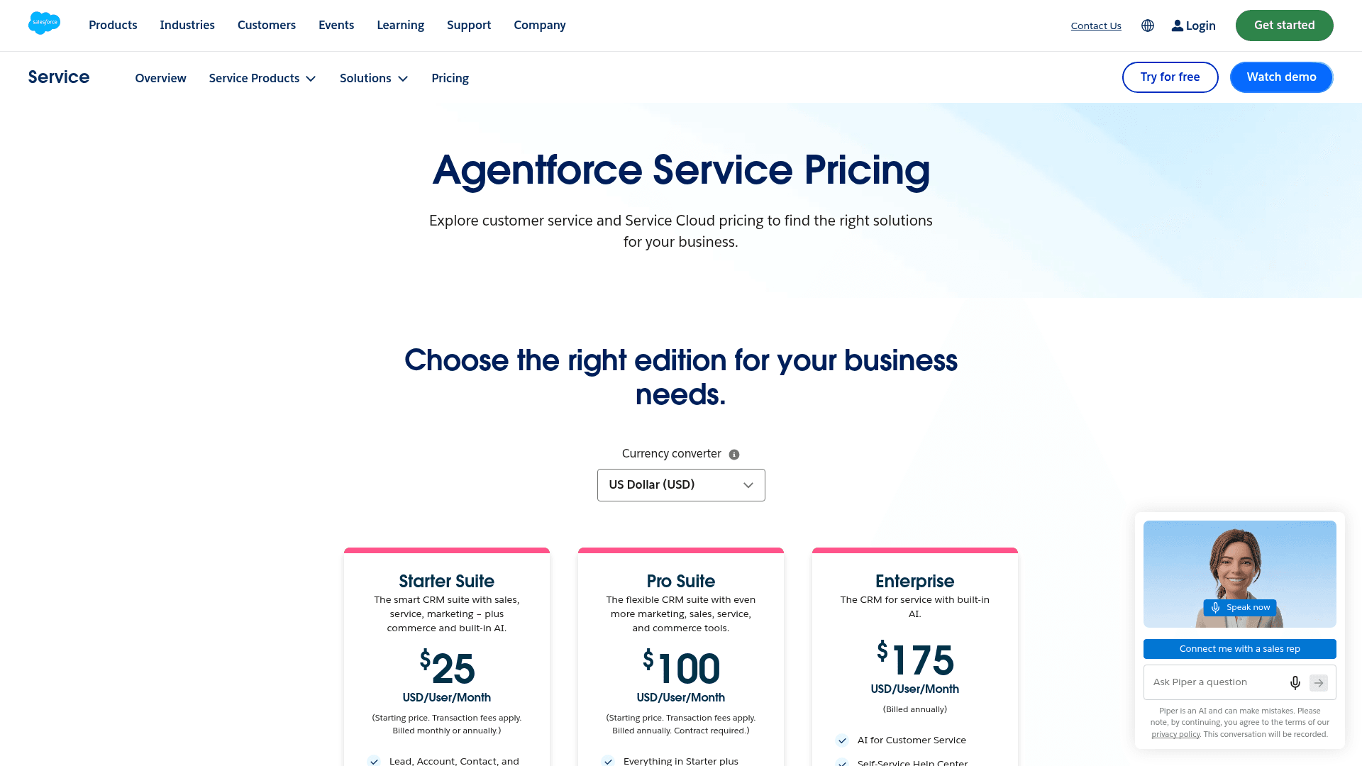 A screenshot of the Salesforce Service Cloud (now Agentforce Service) pricing page, which is a prerequisite for the Salesforce Einstein chatbot pricing, as taken from Salesforce.