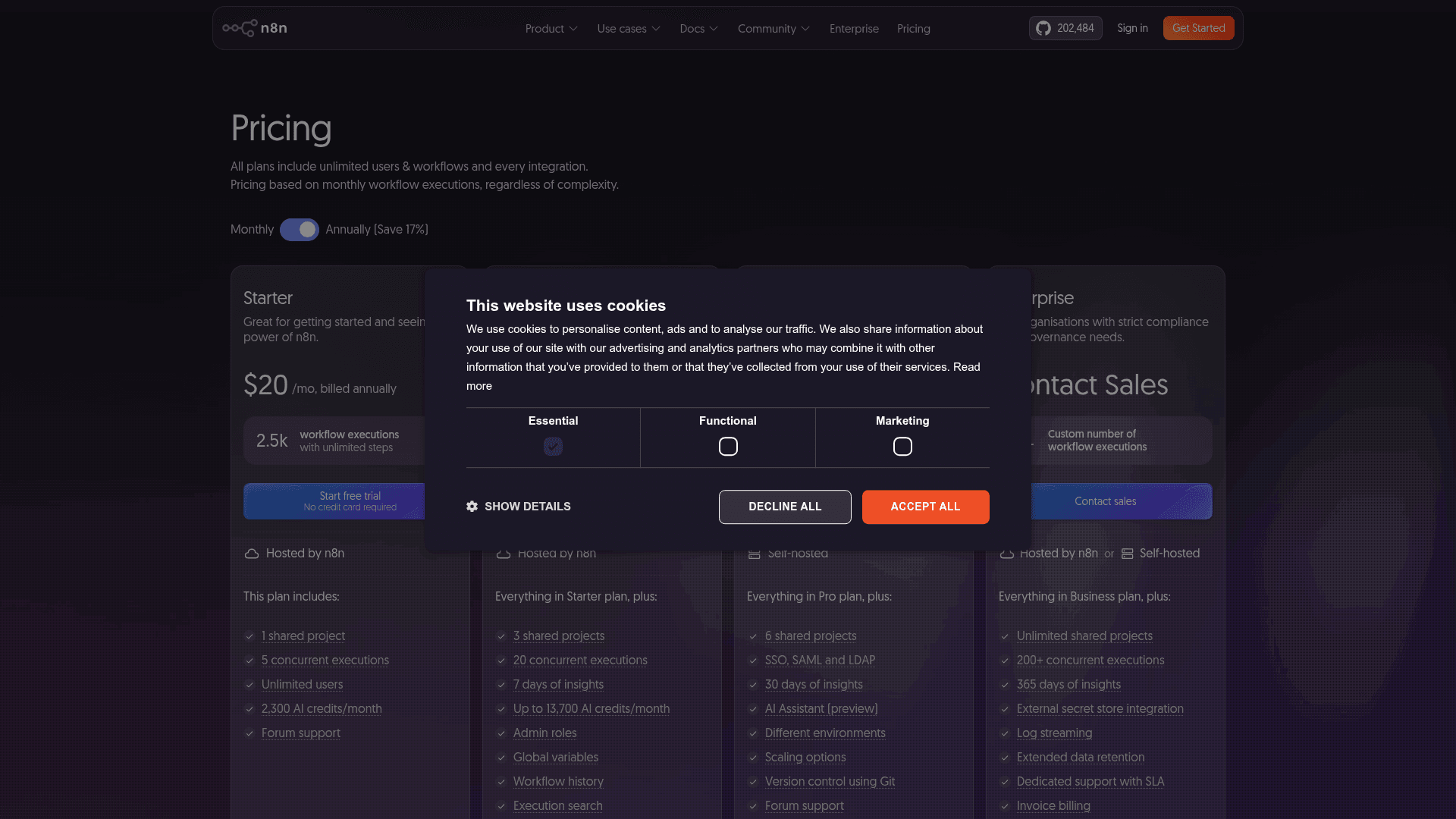 n8n pricing page showing Starter at $20 per month for 2,500 workflow executions with unlimited steps, as taken from n8n