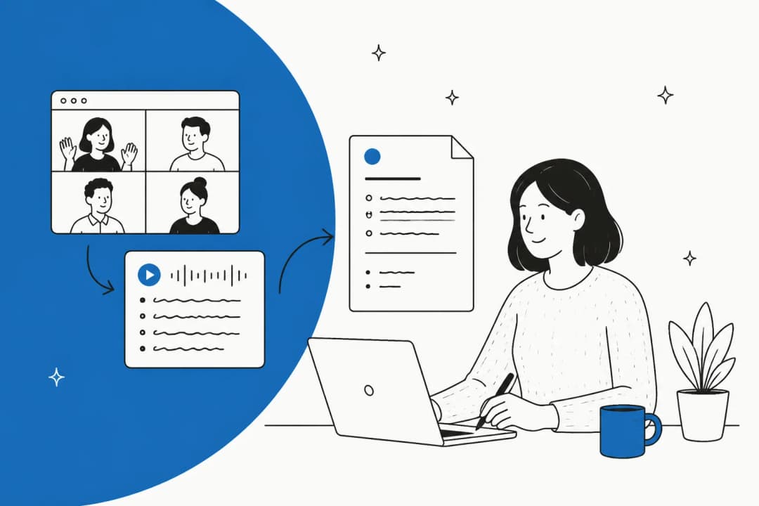 A person after a video call, watching a transcript turn into a finished document