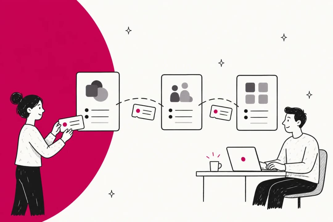 Illustration of IT support tickets moving between helpdesk tools, in magenta and warm off-white