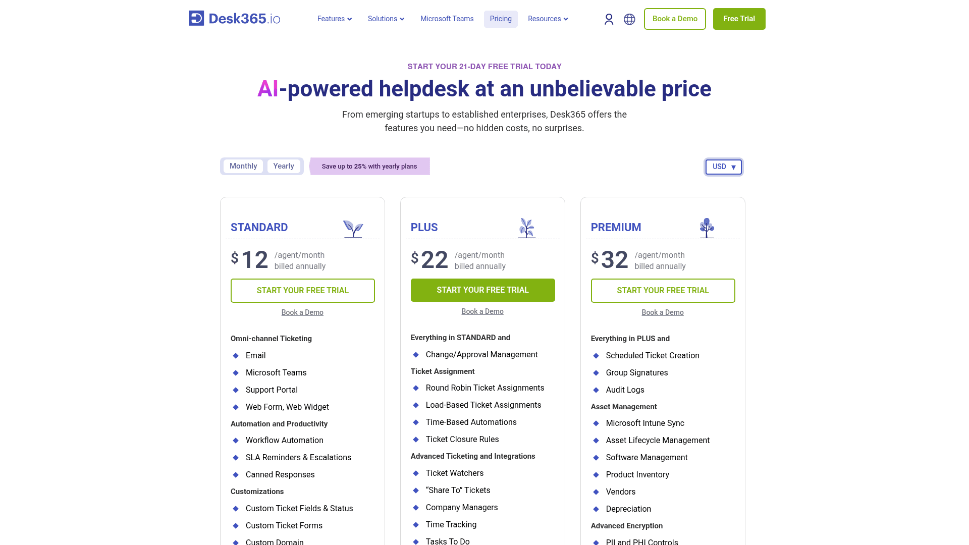 Desk365's pricing page showing the three paid plans at their annual rates, as taken from Desk365