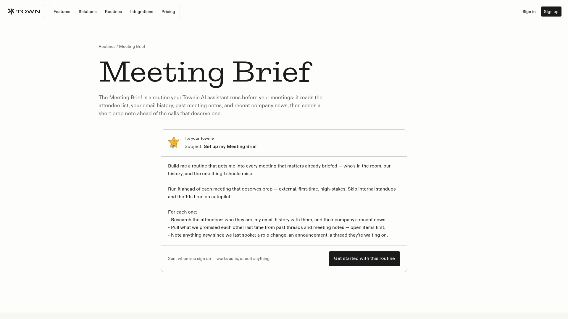 Town's Meeting Brief routine page, showing the set-up message you send your Townie to research attendees and pull open items before each meeting, as taken from Town's site