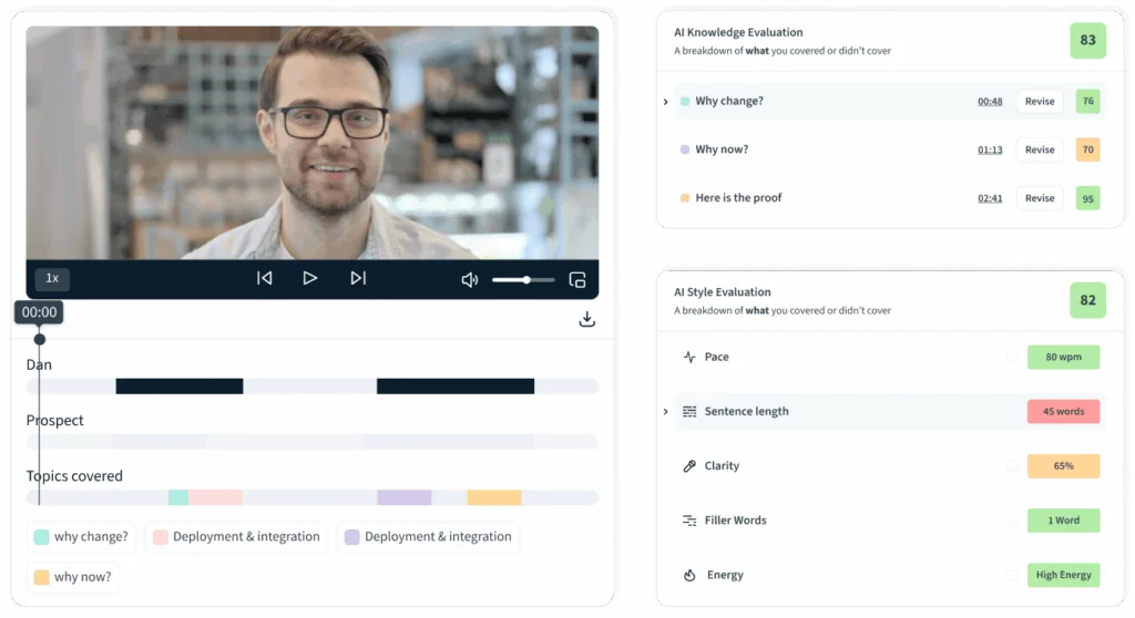Second Nature AI roleplay review with a video avatar, conversation timeline, and knowledge and style evaluation scores, as taken from Second Nature