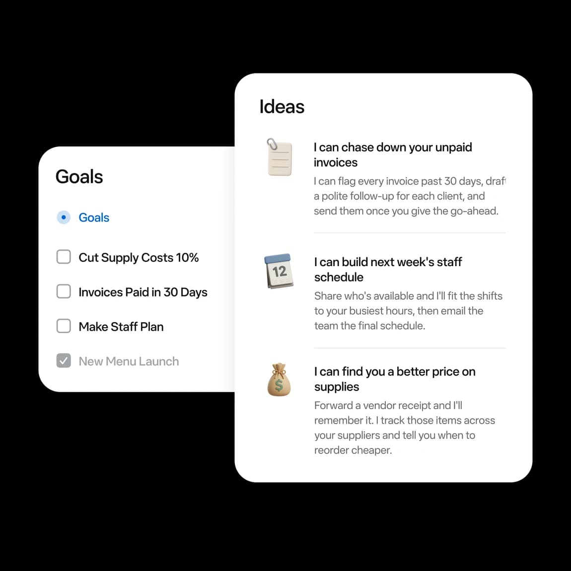 Muse Goals and Ideas panels suggesting it chase unpaid invoices, build next week's staff schedule and find better supply prices, as taken from Meta's Muse page
