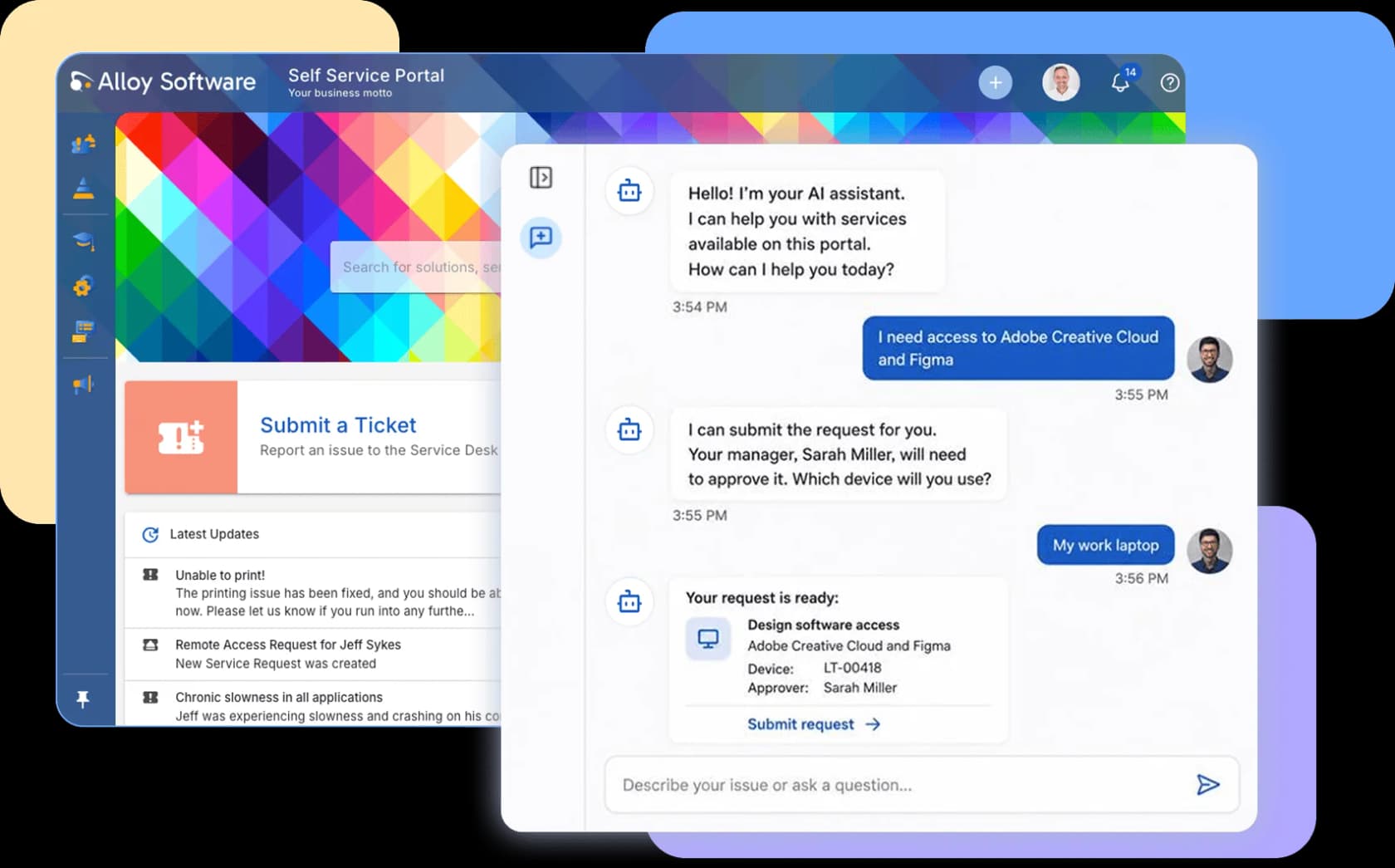 Alloy's self-service portal with its AI assistant handling a software access request end to end, as taken from Alloy Software