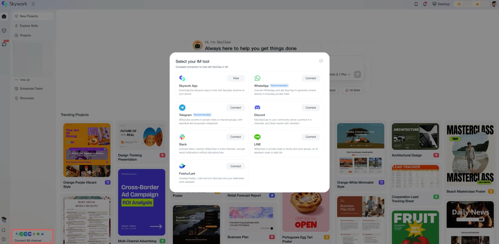 Skywork's "Select your IM tool" screen offering WhatsApp, Telegram, Discord, Slack, Line and Feishu/Lark connections, as taken from Skywork