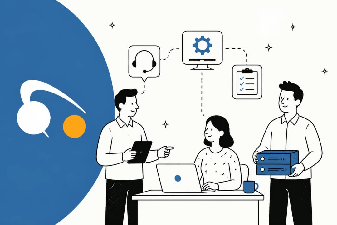 Illustration of an IT service desk team working across tickets, dashboards and hardware assets