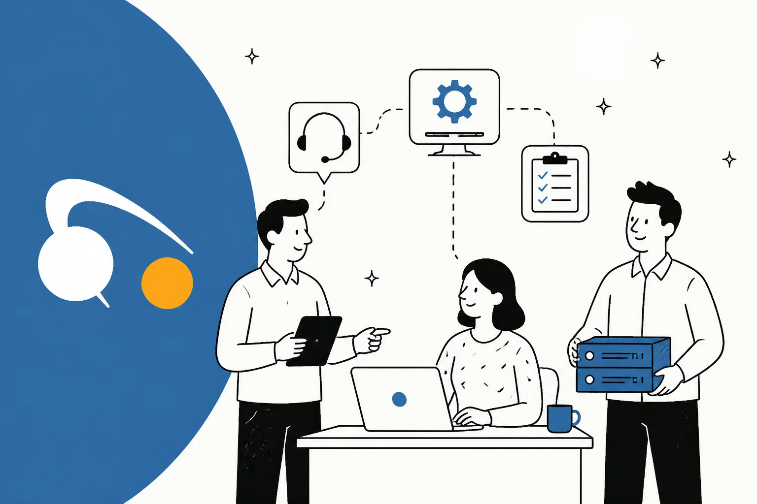 Illustration of an IT service desk team working across tickets, dashboards and hardware assets